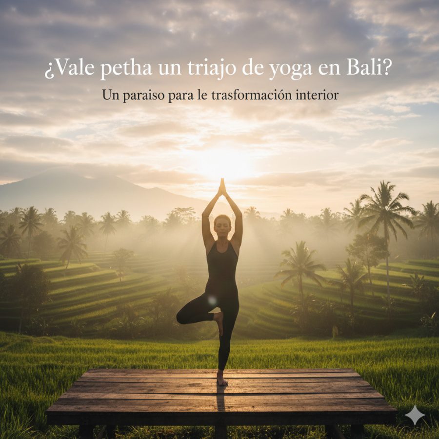 Mujer haciendo yoga al amanecer en Ubud, Bali, rodeada de arrozales y naturaleza tropical.