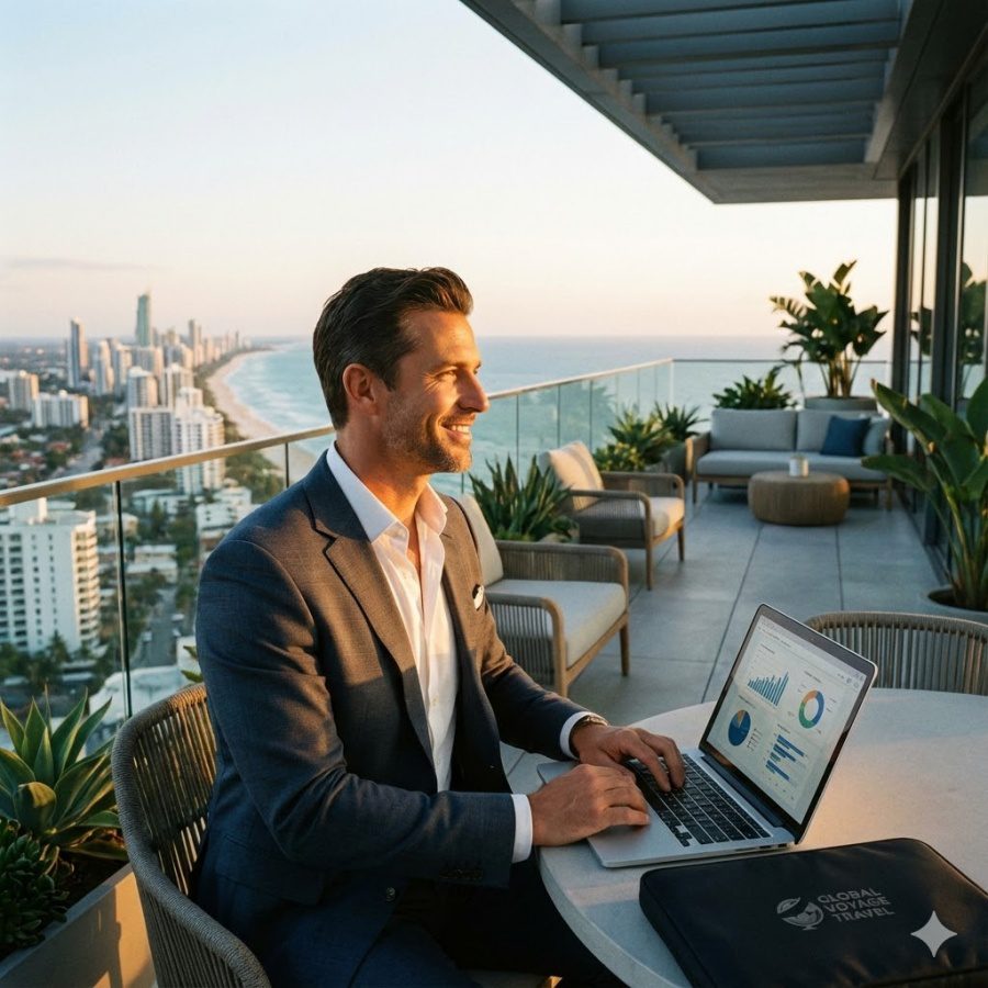 Ejecutivo disfrutando de un viaje bleisure de lujo con laptop y copa de vino
